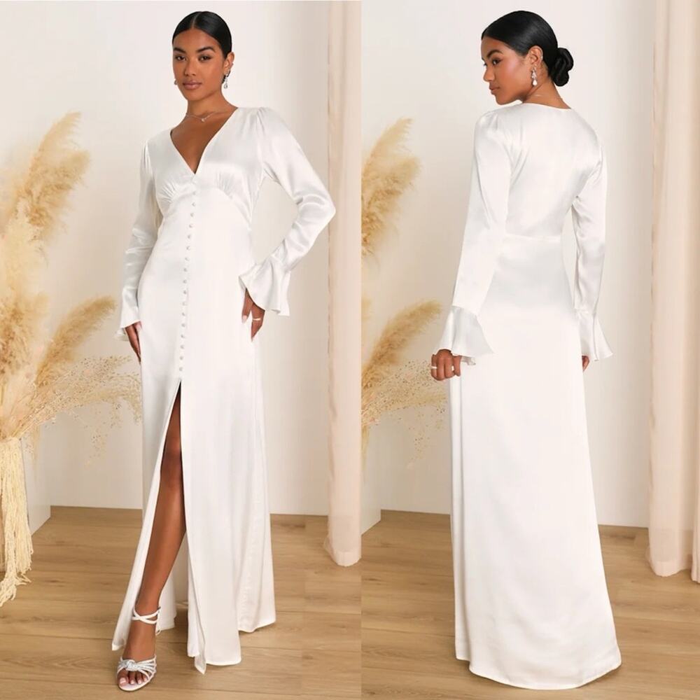 Lulus Elegant Celebration White Satin Long Sleeve Slip Maxi Dress